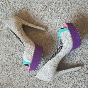 NWOT Jessica Simpson Tweed colorblock peep toe pump 4' heel 2' platform